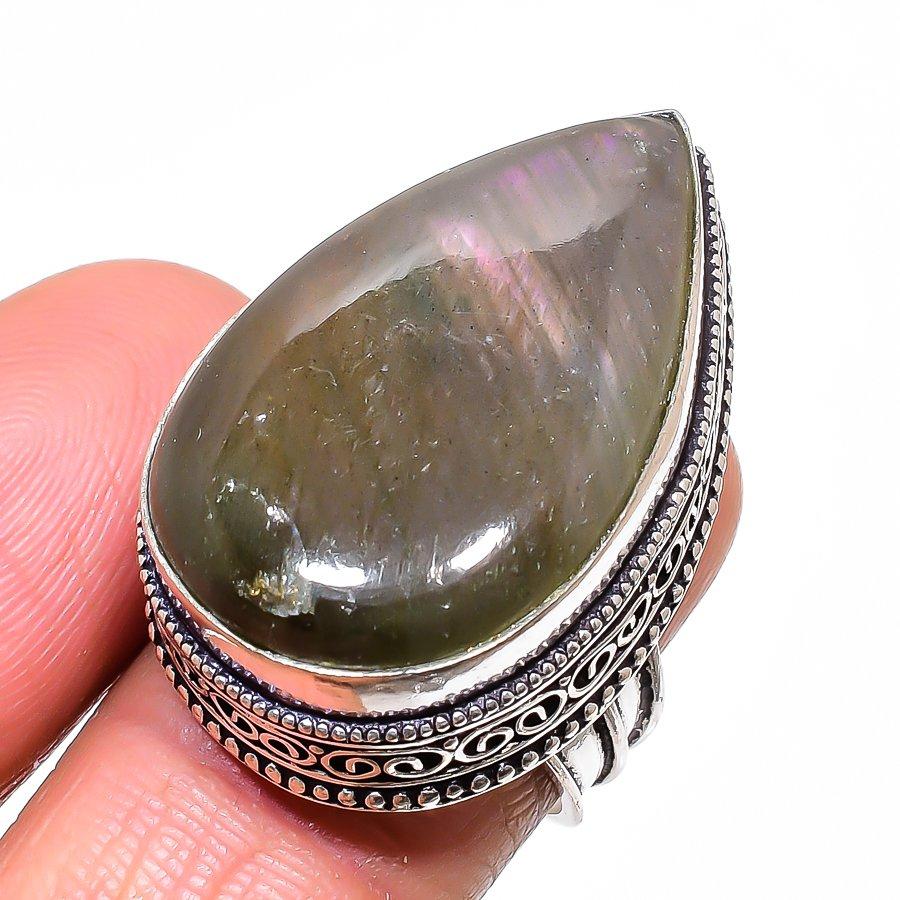 Кольцо из стерлингового серебра 925 пробы с натуральным лабрадоритом, размер 7,5 n0Q89