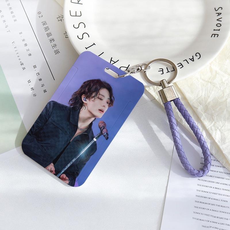 BTS Sliding Photocard Holder, Protective ID Badge Card Case with Braided Keychain Strap, Student Campus Bus Meal Card Protector Merch for ARMY