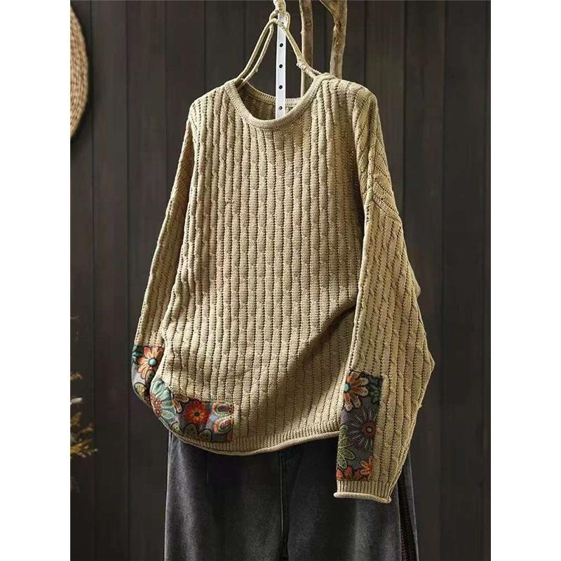 Женский винтажный свободный свитер с круглым вырезом и заплатками, повседневный свитер с длинными рукавами в китайском стиле