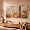 3Pcs Boho Sunset Floral Wall Art,Golden Sunburst Wildflower Terracotta Watercolor Canvas Print,Muted Earth Tone Botanical Poster