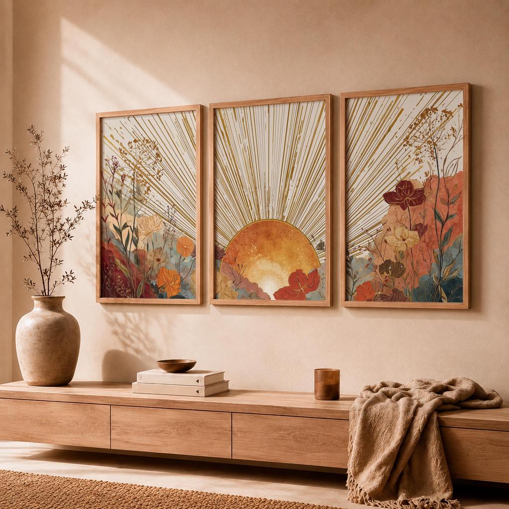 3Pcs Boho Sunset Floral Wall Art,Golden Sunburst Wildflower Terracotta Watercolor Canvas Print,Muted Earth Tone Botanical Poster