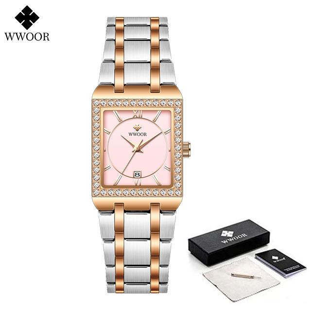 WWOOR Reloj New Fashion Ladies Diamond Watch Top Brand Luxury Square Wrist Watch Simple Women Dress Small Watch Relogio Feminino