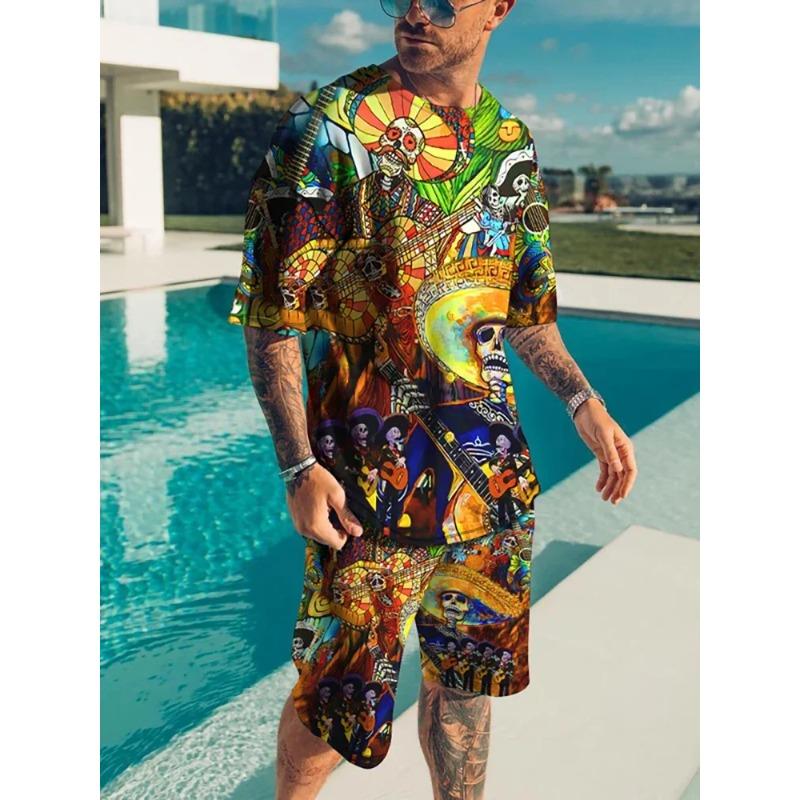 2025 Летний спортивный комплект из 2 предметов для мужчин, футболка с короткими рукавами и принтом в виде цветных блоков, шорты, комплект для бега, для улицы, для мужчин, светлый