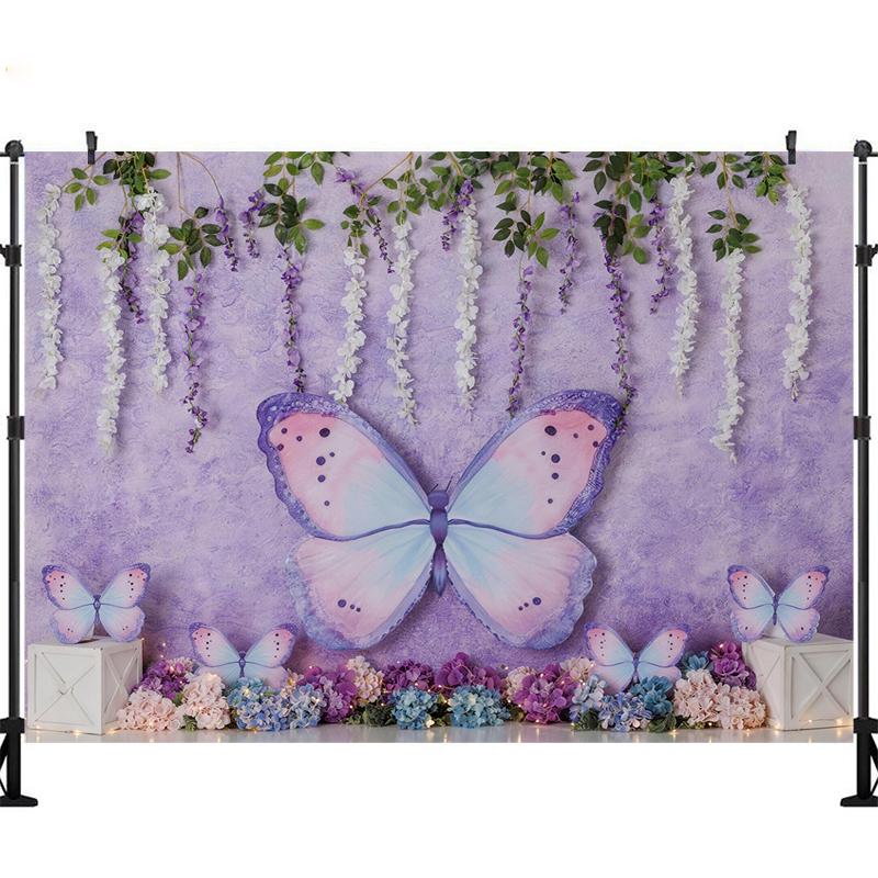 LS Colorful Purple Butterflies Garden Backdrop Kids Baby 1st Birthday Cake Smash Photocall Floral Spring Photo Props Background