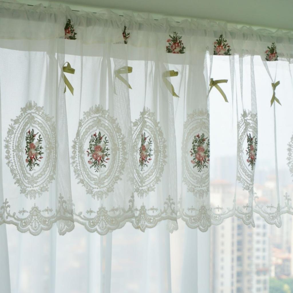 Белая короткая занавеска с цветочной вышивкой, кружевные оконные ламбрекены, пасторальный тюль, вуаль, домашний декор, кухонная дверная перегородка, свадебный ламбрекен