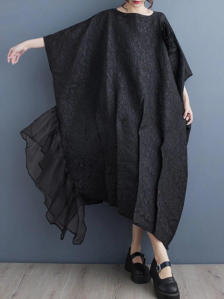 Xitao Gauze Patchwork Batwing Sleeve Dresses Asymmetrical Loose Dress DMJ3845