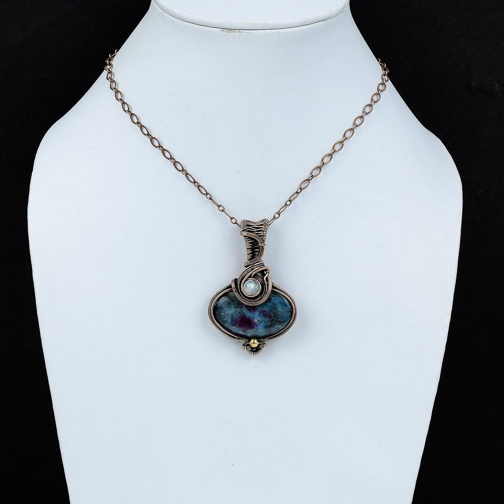 Рубиновый синий кианитовый кулон, медная проволока, кулон, драгоценный камень, медные украшения, лунный камень, кулон ручной работы, ювелирные изделия из проволочной обмотки, свадебный подарок