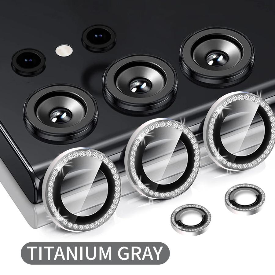 1 Set For Samsung Galaxy S24 S23 Ultra S24 S23 Plus Bling Glitter Diamond Metal Camera Lens Protector Ring with Tempered Glass
