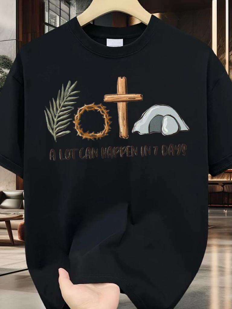 Plus Size, Women's Plus Size Easter T-Shirt - A LOT CAN HAPPEN IN 7 DAYS Religious Graphic Tee with Palm Branches, Thorn