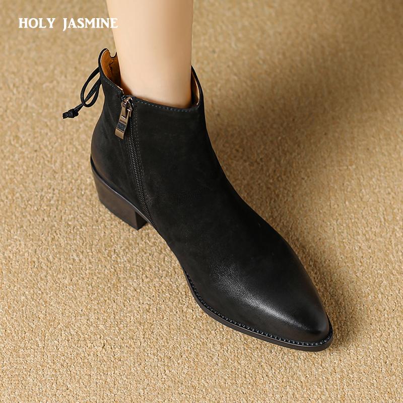 2024 Autumn New Retro Women Boots Genuine Leather Ankle Boots Modern Boots Pointed Toe Leather Shoes Western Boots Chelsea Boots