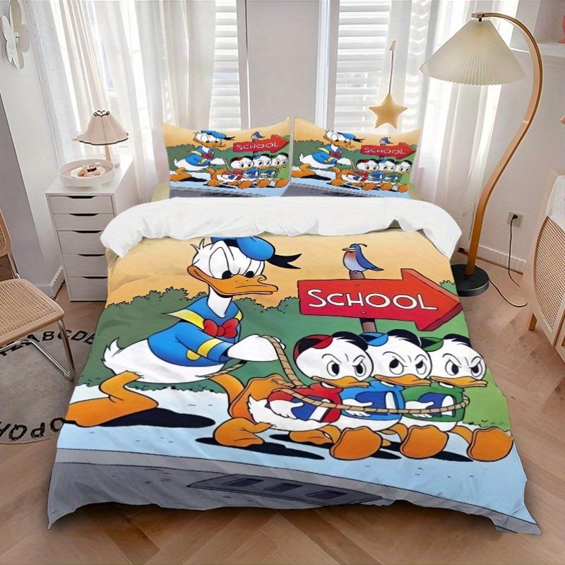 3pcs Cartoon Donald Duck Family Adventure Bedding Set, Including 1 Quilt Cover and 2 Pillow Shams, Without Filling, Soft and Comfortable Home Bed