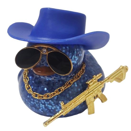 Duck Ornament Squeaky Car Dashboard Decoration Set Funny Yellow Duck Figure with Cowboy Hat Sunglasses Golden Chain Decor