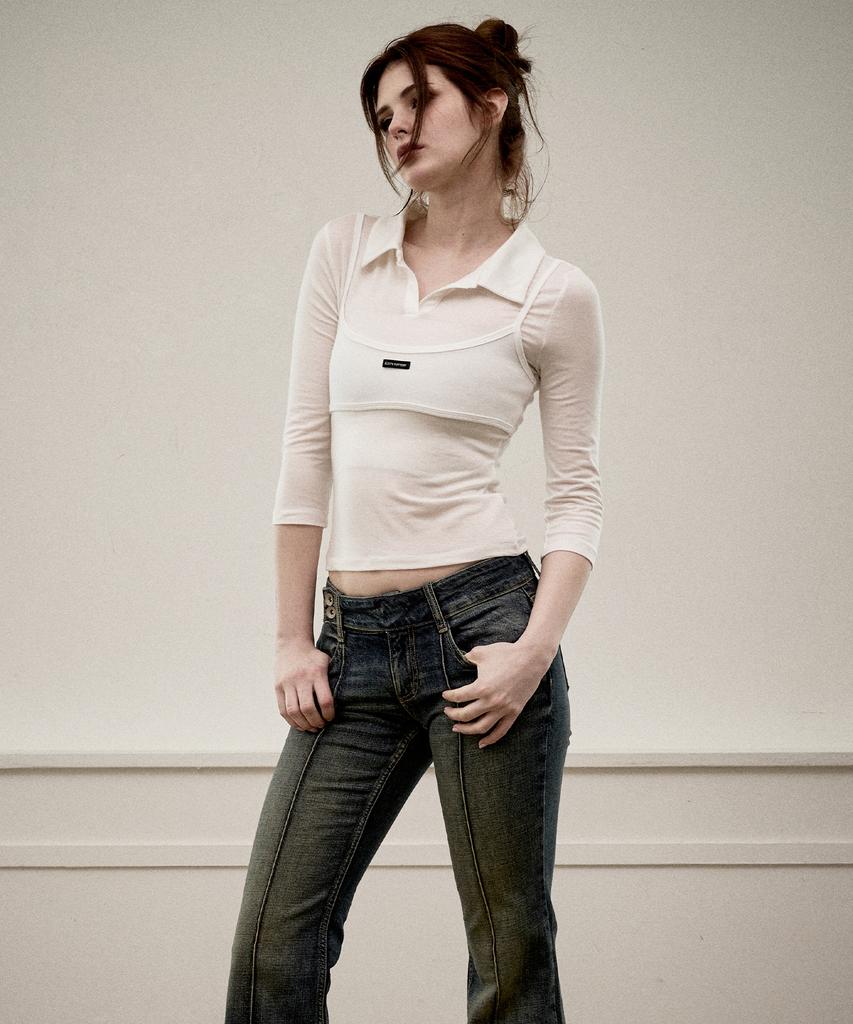 KITTY POTTERY Sheer Layered Bustier Collared Top [White]