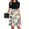 Women's Fashionable Casual Belt Short Sleeved Round Neck Printed Patchwork Dress