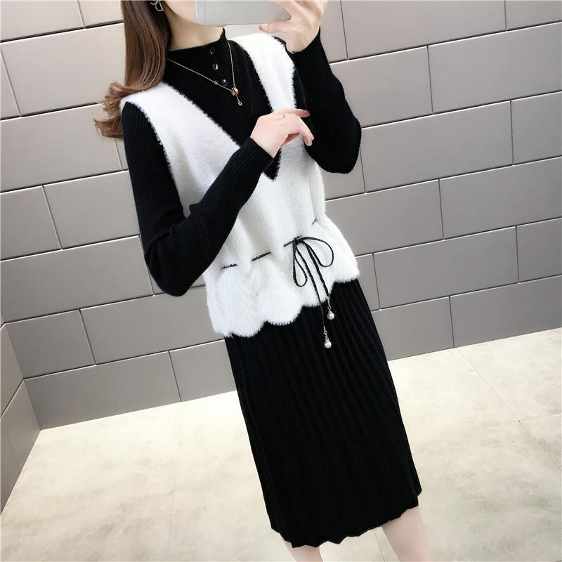 Two-piece Suits Autumn Spring Waist Knitted Suits Dress Women's Stitching Long-sleeved Long Dress Sweet A-line Dress