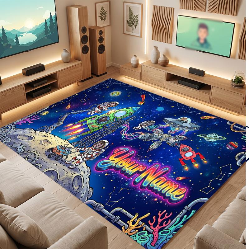 Astronaut Space Theme Soft Crystal Velvet Rug Custom Name & Text Print Non Slip Floor Rug for Bedroom Living Room
