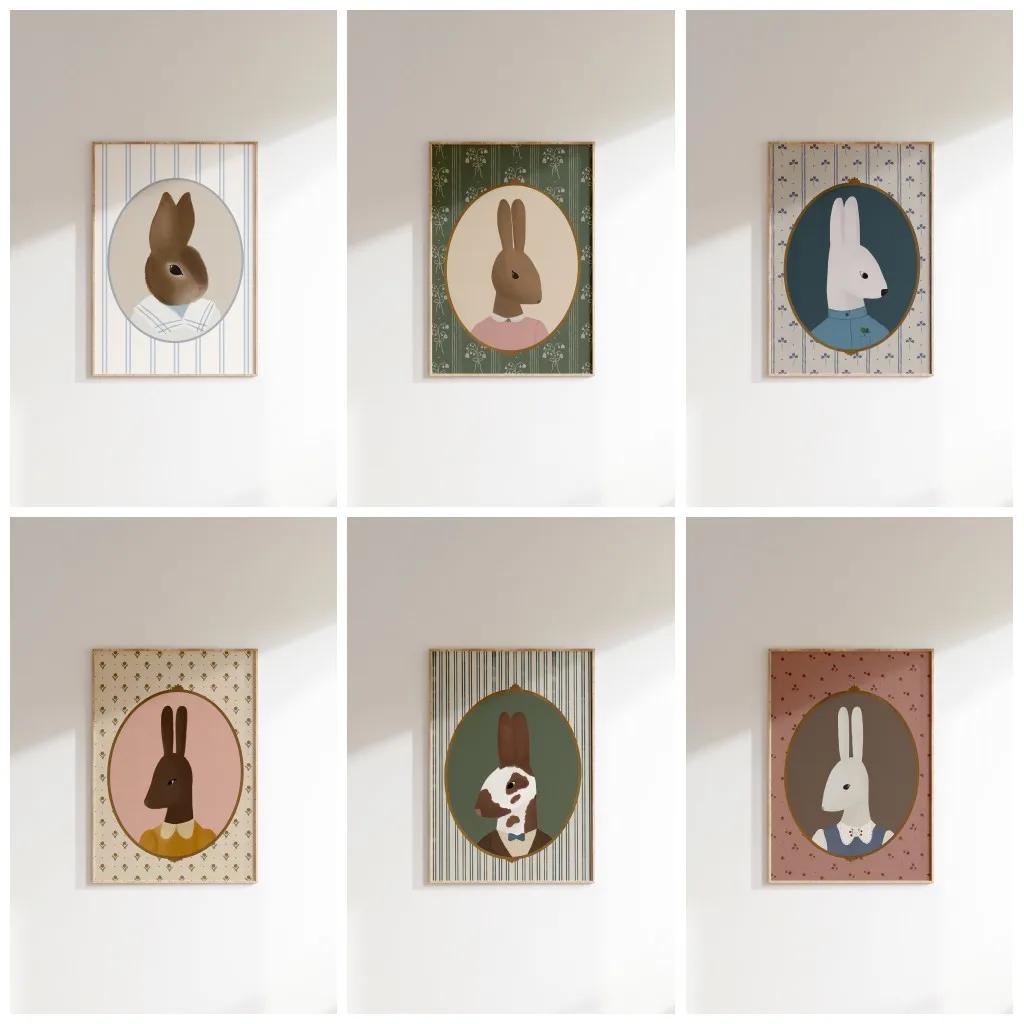 Vintage Aesthetic Nursery Abstract Wall Art Animal Portrait Bunny Print Cute Rabbit Canvas Painting Kids Room Home Decor