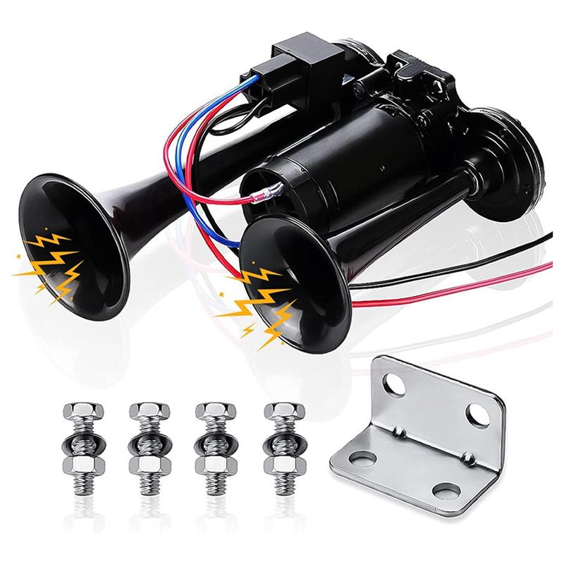 AASS-Horn Kit Набор гудков для поезда 12 В 150 дБ Очень громкий 2-тональный с компрессором Для грузовиков Поездов Лодок Черный