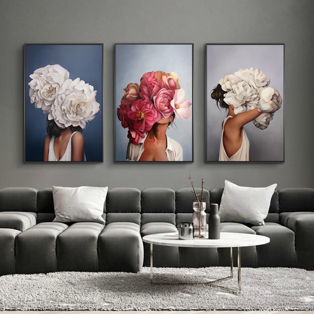 Nordic Flowers Head Woman Canvas Paintings On the Wall Art Posters And Prints Feather Girls Wall Pictures Home Decoration Cuadro