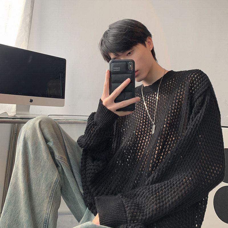 Men's Summer Thin Grid T-Shirt: Trendy Hong Kong Style, Hollow Knit, Long Sleeve, Round Neck Cover-Up
