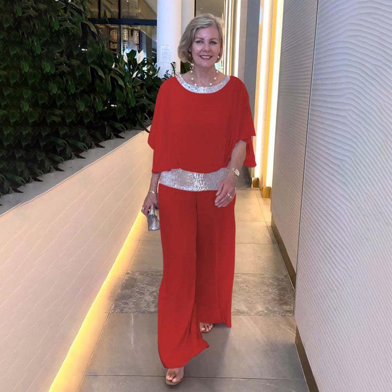 Europe and The United States Ladies Suit Round Neck Sequins Color Blocking Bat Shirt Wide Leg Pants Suit Female