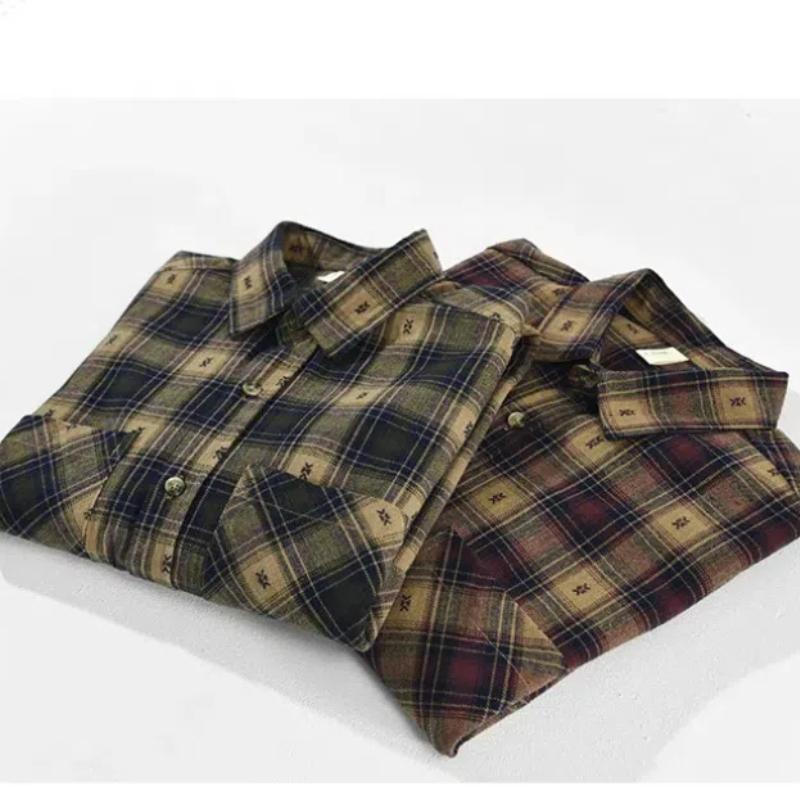 Рубашки весна/осень для мужчин, свободная рубашка в клетку в стиле ретро с двойными карманами, воротником-лацкан, мужская повседневная рубашка из чистого хлопка, молодежная верхняя рубашка