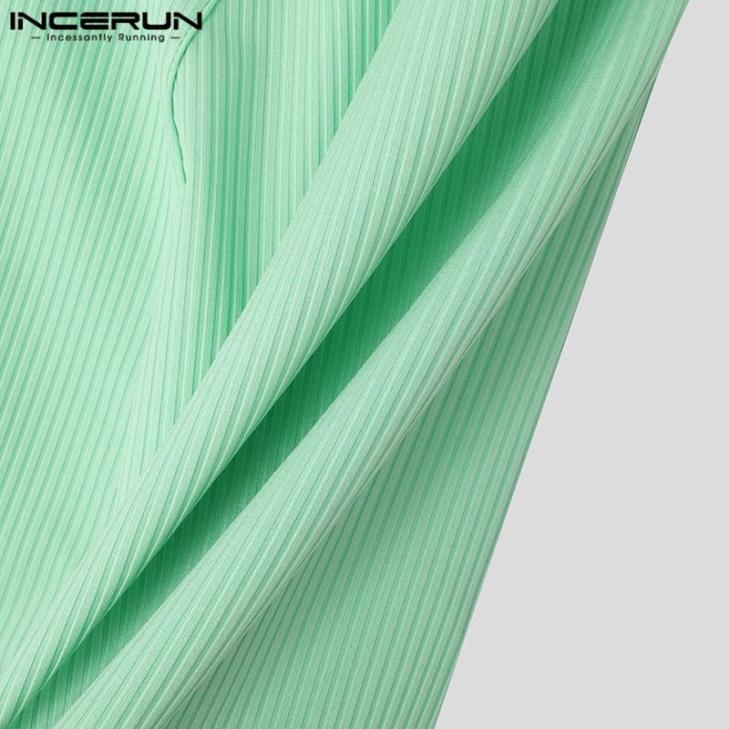 INCERUN Летние мужские футболки с высоким воротом и коротким рукавом в рубчик, облегающие повседневные футболки, топы