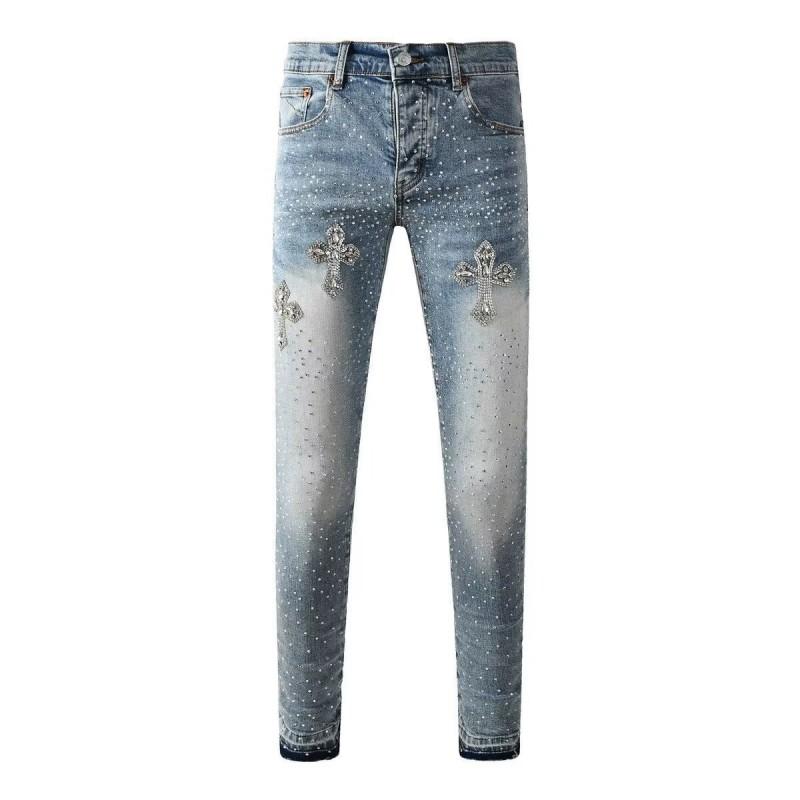 Mens Slim Fit Jeans Streetwear Distressed Embroidered Denim Pants Youth
