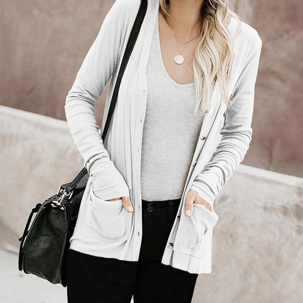 Women's Long Sleeve Tops Casual Shirts Button Down Pockets Basic Ribbed Knit T Shirts Cardigan
