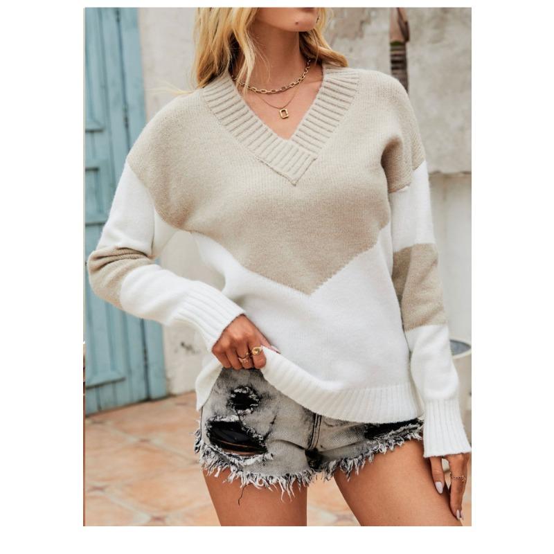 Women V Neck Color Block Pullover Knit Sweater Casual Fall Winter