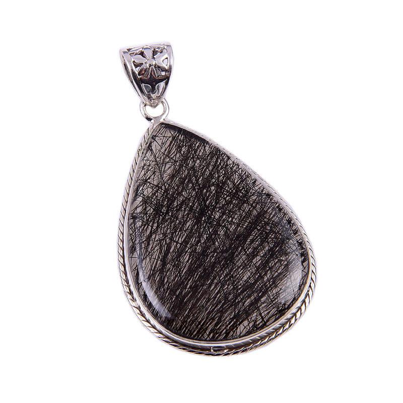 Natural Black Rutile Gemstone 925 Solid Sterling Silver Gift Pendant 2.25" Z5u81