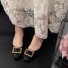 Inner heightening version~ French square head metal buckle shallow mouth single shoes femininity hollow leather one pedal commuter sandals