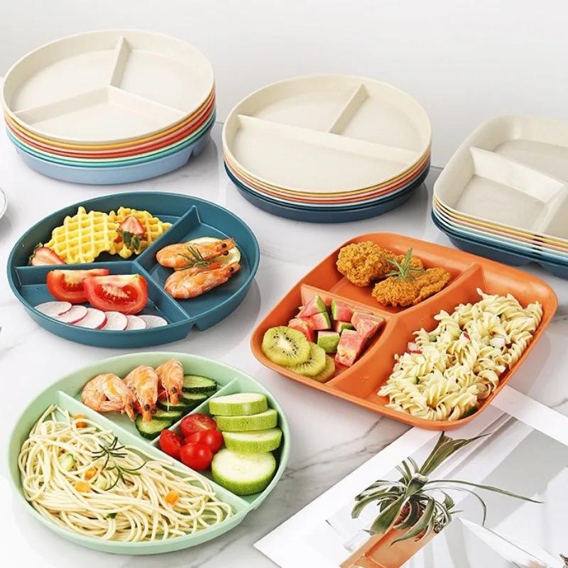 Divided Dish In 3 Diet Reusable Round Dinner Plate Kitchen Dinnerware Portion Plates for Adults 3 Compartments Microwave Safe