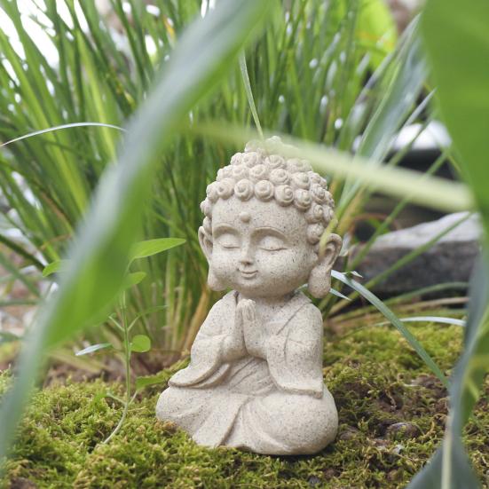 Mini Faux Sandstone Buddha Statue Small Zen Monk Praying Sculpture