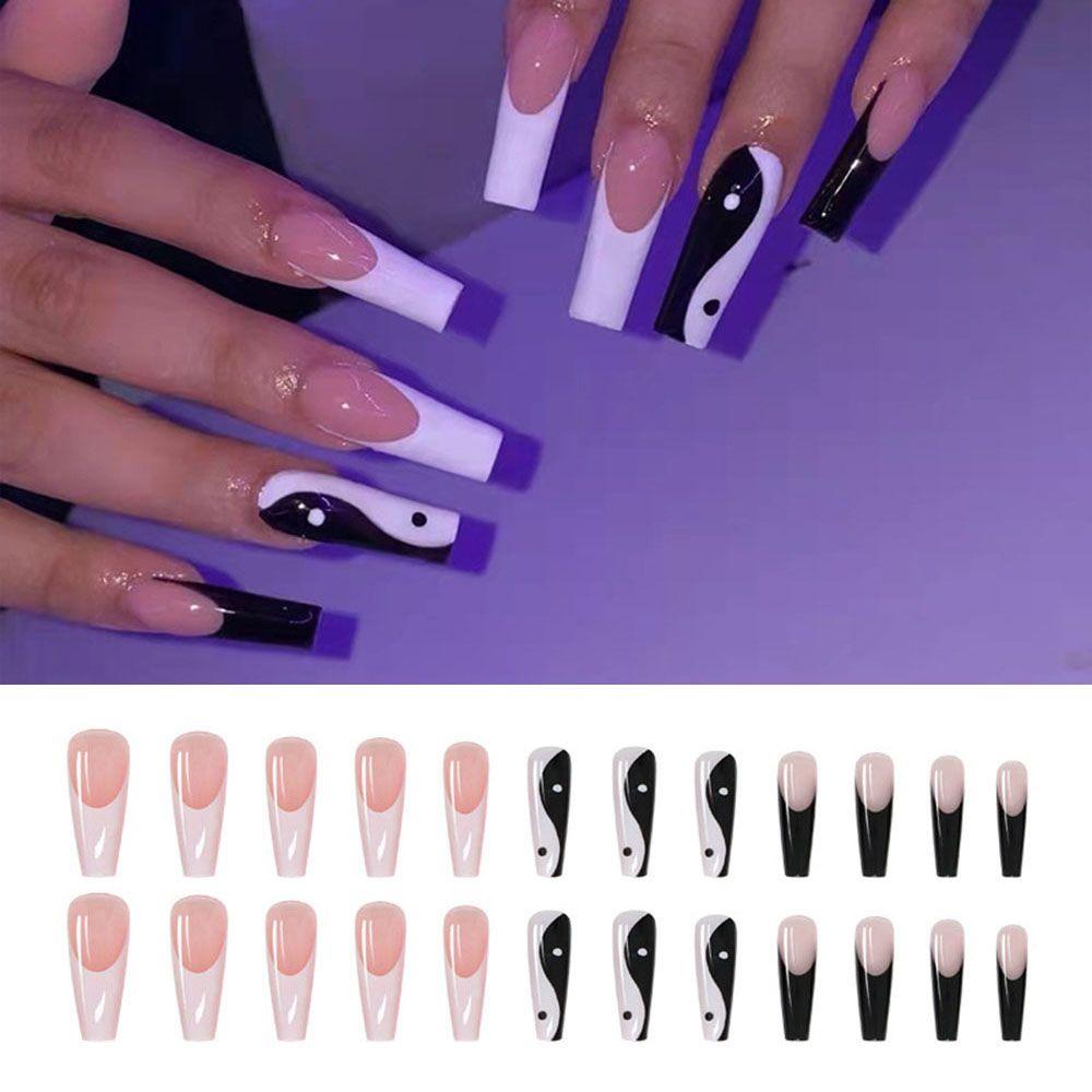 Fake Nails Ballerina with Taichi Design False Nail Tips Long Coffin White and Black Mixed Colors
