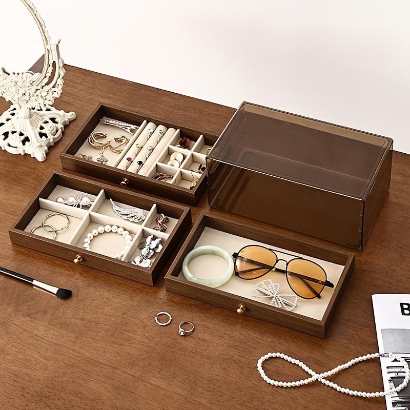 Walnut Wood Grain Jewelry Box, Necklace, Earring, and Decoration Box. 3-layer Jewelry Storage Box with Glass Windows