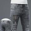 Мужские вышитые облегающие эластичные джинсы - модные европейские осенние повседневные брюки