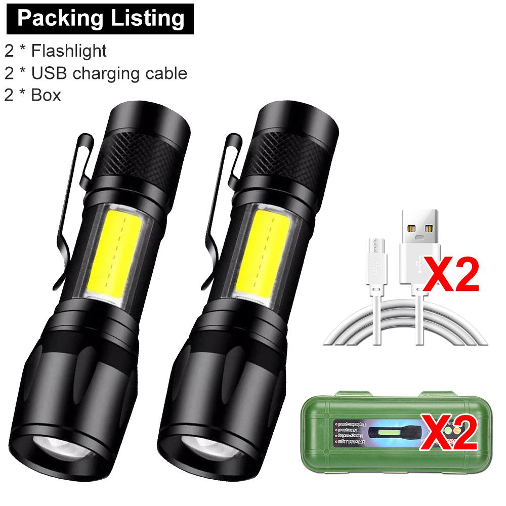Mini LED Flashlight COB+XPE Portable Torch USB Charging Camping Lantern Zoomable Focus Light Tactical Flashlight with Pen Clip