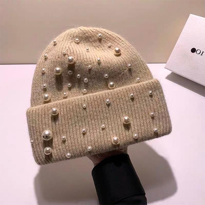 Новая осенне-зимняя шапка из плотной жемчужной шерсти, модная вязаная шапка с жемчугом, теплая защита для ушей