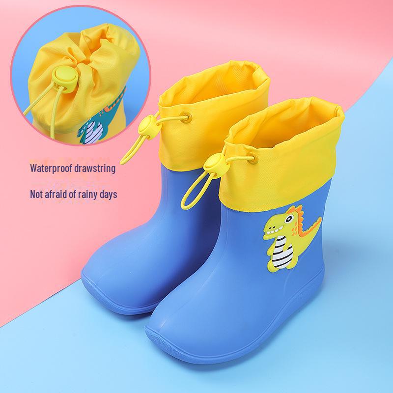 Детские непромокаемые сапоги с мультяшным динозавром, со шнурком, на хлопковой подкладке, для мальчиков и девочек, идеально подходят для детского сада.
