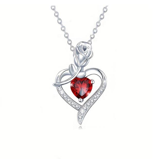 Luxury Red Zircon Rose Flower Heart Necklace Gift For Girlfriend Girls Birthday Valentine Mother'S Day Gift Romantic Accessories