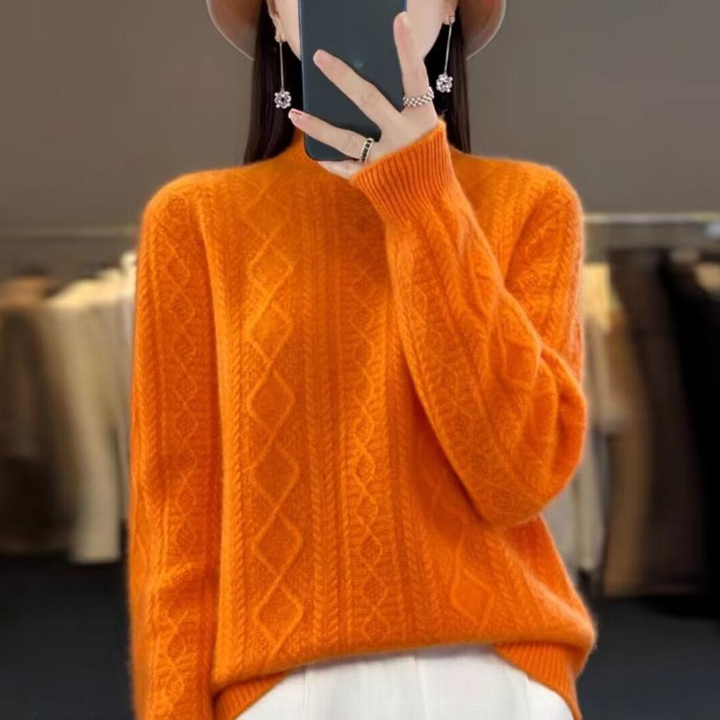 Women Half-high Neck Sweater 2025 Spring Winter New Thickened Foreign Fashion Loose Twisted Flowers Long-sleeved Knitted Bottoming Tops