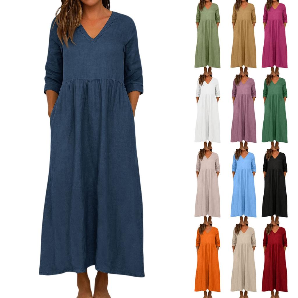 Dress For Women Long Boho Beach Dress Elegant Maxi Dress V-Neck 3/4 Sleeve Dress With Pockets