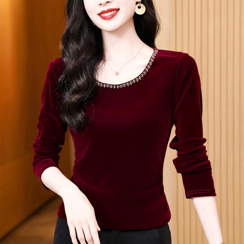 New Velvet Round Neck Long Sleeve Bottom with Fashionable Beaded T-shirt Female Mother Pullover Top