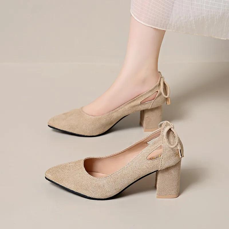 2024 New  Women's Shoes Pointed Toe High Heels Suede Shallow Mouth Thick Heels Work Shoes Trendy Fashion Women's Shoes