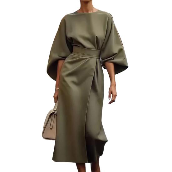 Lady Midi Dress Three Quarter Dolman Sleeves Slim High Waist Solid Color Round Neck Long Dress Summer Spring Prom Party Dating Dress