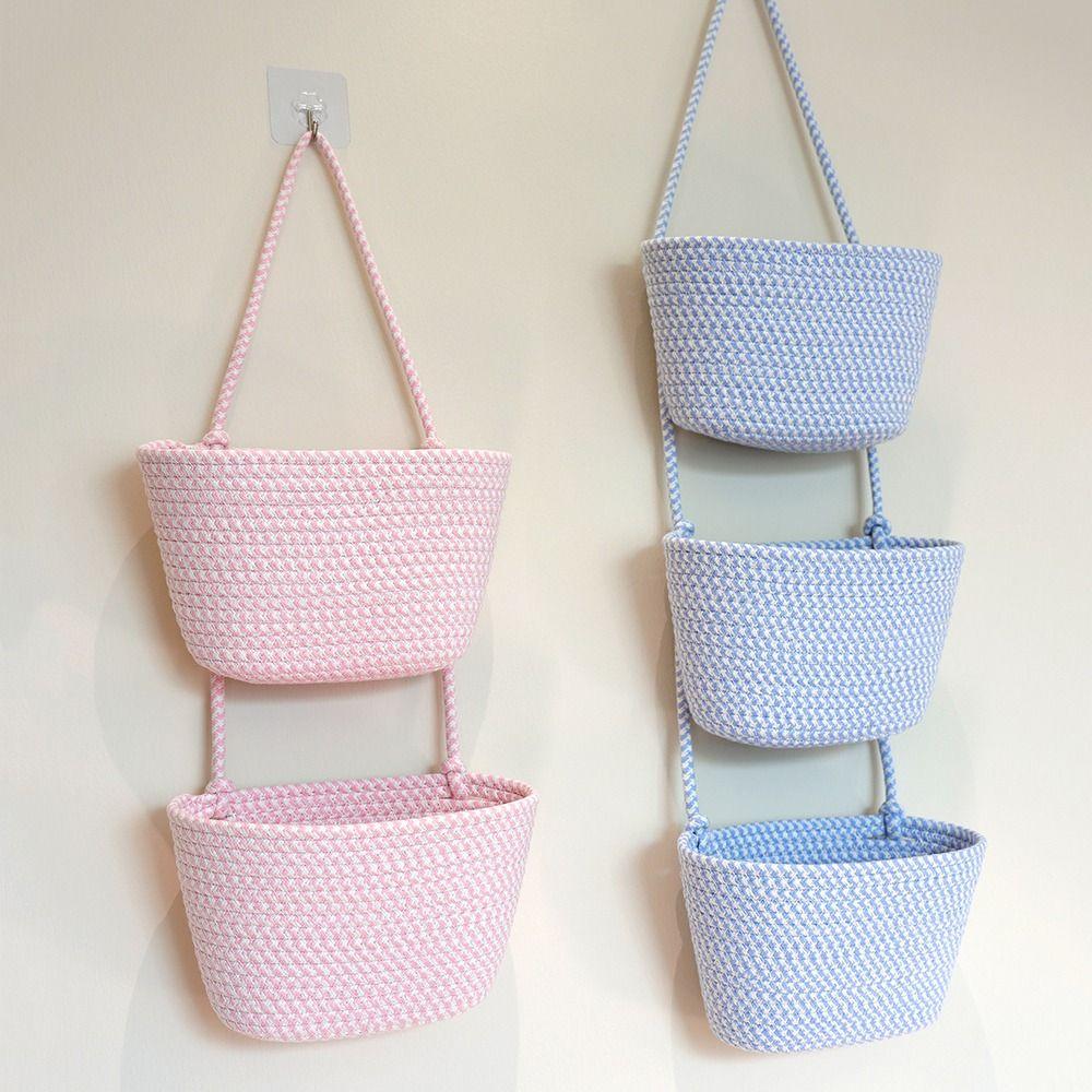 Foldable Hanging Storage Basket 2/3 Layered Door Storage Pouch Rope Woven Basket Kitchen