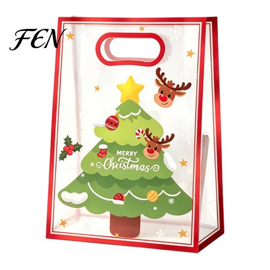 Reusable Present Holders Christmas Gift Bags with Handles, Clear PP Treat for Eve Candy Apples Cookies, Holiday Party Favor Packaging Ribbon