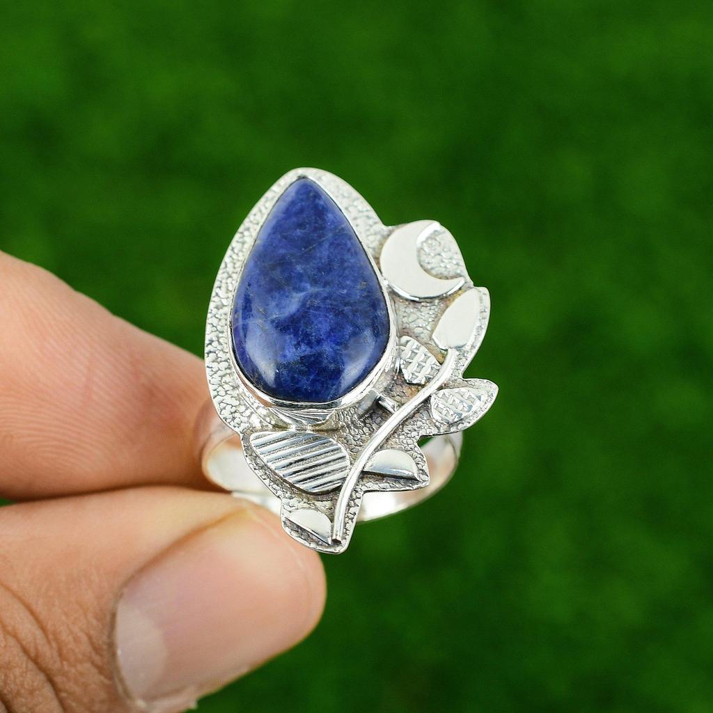 Sterling Silver Natural Sodalite Solitaire Cescent Moon Statement Ring Jewelry