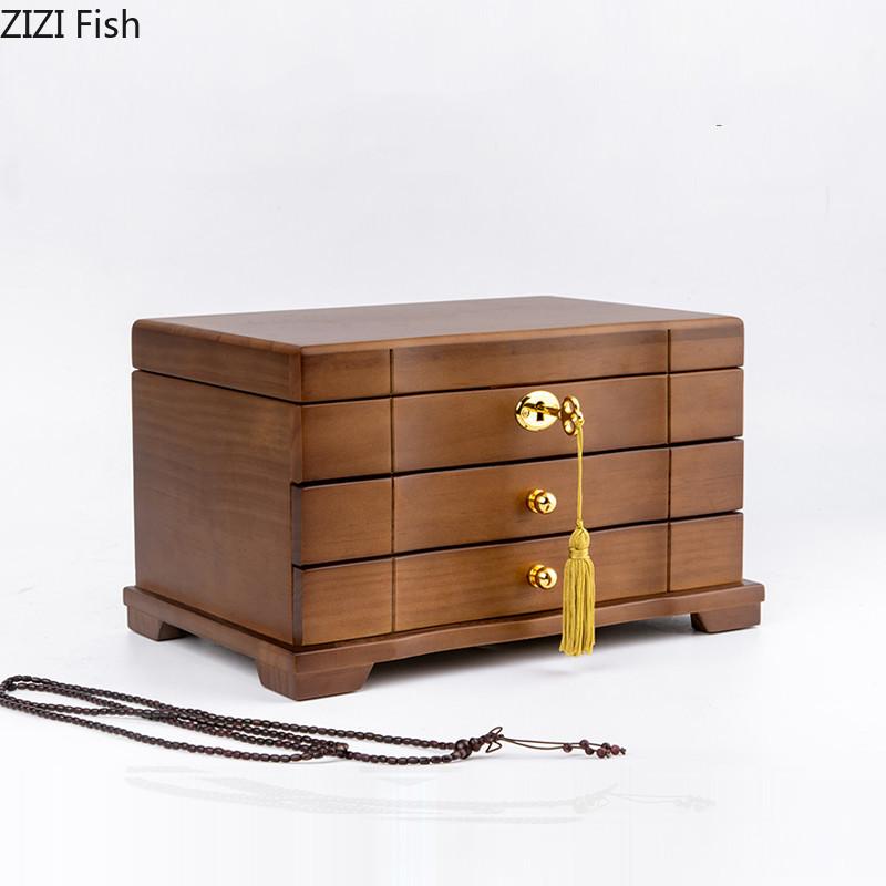 Шкатулка для ювелирных изделий из цельного дерева в китайском стиле, замок, серьги, ожерелье, часы, коробка для хранения, свадебный подарок, простая домашняя многослойная коробка для хранения